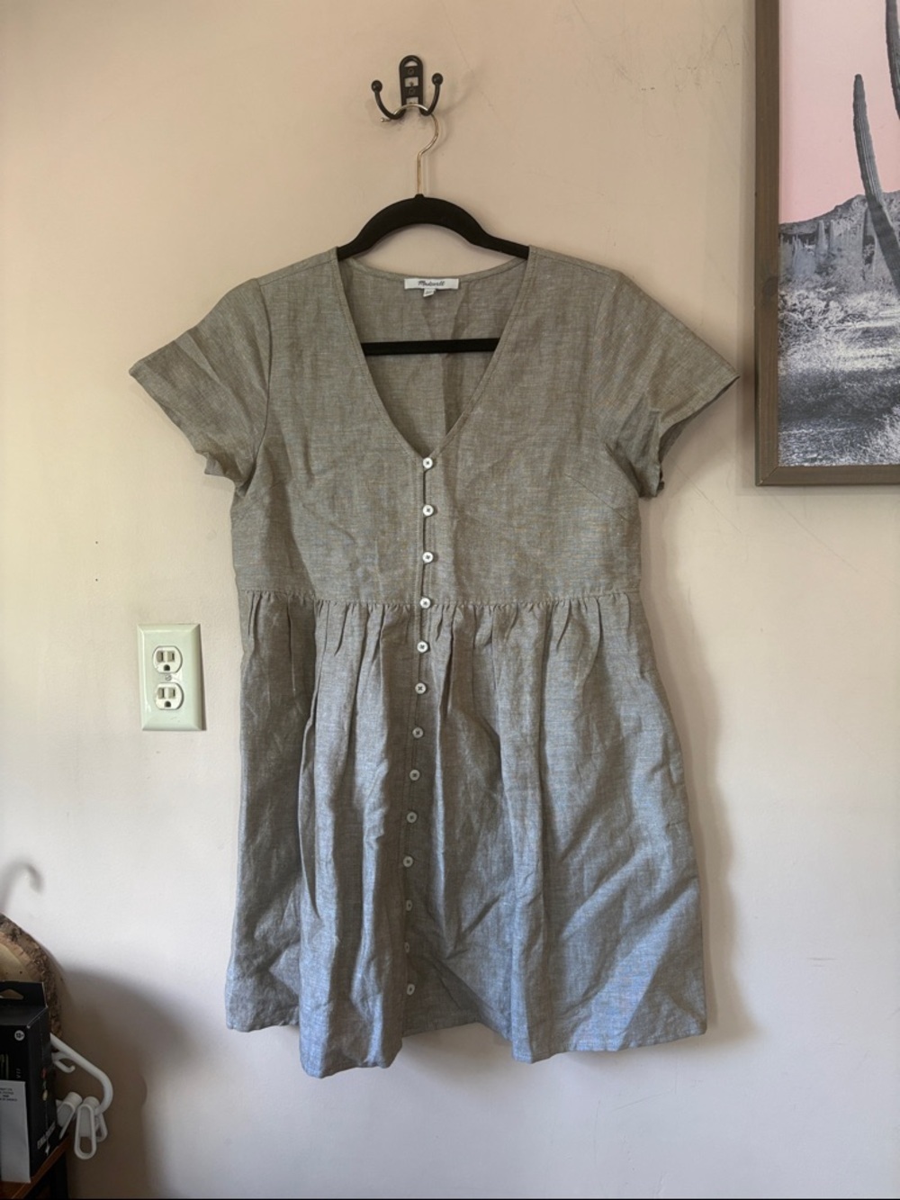 Madewell Olive Branch Linen-Blend Alexandra Button-Front Mini Dress XSP - Picture 2 of 7